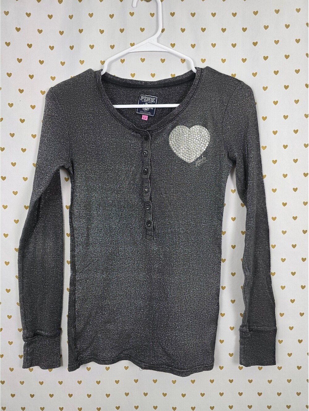 Vintage Victoria’s Secret PINK Metallic Rhinestone Heart Henley Top S/P BLING
